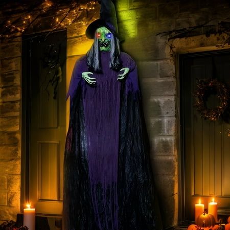 Introductions: Make your Halloween unforgettable with our UBesGoo 12ft Witch Animated Halloween Decoration Witch. Perfect for creating a spooky atmosphere in your yard or garden, this eye-catching decoration features built-in LED lights that make it glow eerily at night. Quick to set and easy to store, it's the ultimate addition to your Halloween festivities, sure to captivate guests, friends, and neighbors alike. Features: 1.Get ready to send shivers down spines with our 12ft Witch Animated Hal Animated Halloween Decorations, Animated Witch, Animated Halloween, Hanging Witch, Holiday Decor Halloween, Haunted House Props, Halloween Witch Decorations, Creepy Decor, Decorative Garden Stakes