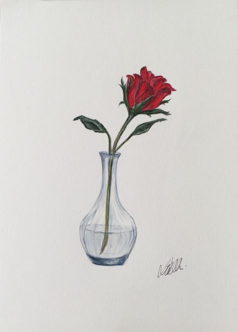 Rose In Vase Painting, Rose In Glass Drawing, Red Rose Drawing Sketch, Roses In A Vase Drawing, How To Draw A Vase With Flowers, Flowers In Vases Drawing, Vase Of Roses Drawing, Vase Drawing With Flowers, Rose Vase Tattoo