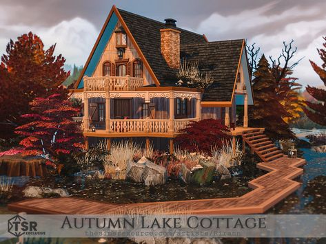 The Sims Resource - Autumn Lake Cottage Sims 4 Forest Cottage, Autumn House Sims 4, Sims Autumn House, Sims 4 Lake Cabin, Winter Cabin Sims 4, Cottage Living Add On Sims 4, Sims4 Inspiration, Grey Stone Wall, The Sims 4 Lots