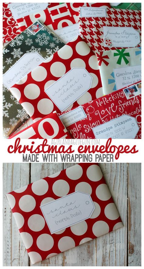 DIY Christmas Envelopes Using Wrapping Paper. Make your own festive, holiday envelopes using wrapping paper, an X-ACTO knife, and an Elmer's Glue Stick. Christmas Card Envelopes, Holiday Envelopes, How To Make An Envelope, Christmas Envelopes, Christmas Hacks, Diy Envelope, Mason Jar Crafts Diy, Diy Simple, Gift Envelope