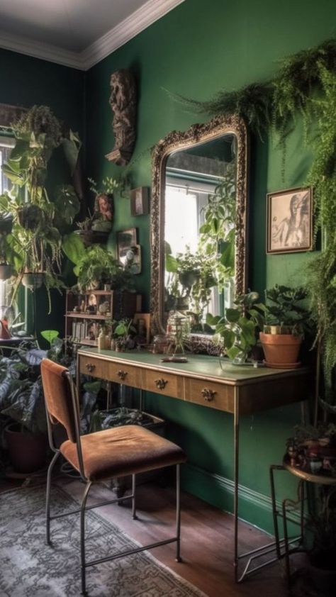 Bedroom Jungle Plants, Forest Green And Gold Bedroom Ideas, Small Apartment With Plants, Indoor Forest Home, Vintage Jungle Aesthetic, Emerald Green Apartment Decor, Green Room Ideas Bedroom Vintage, Brown And Green Room Aesthetic, Bohemian Small Bedroom Ideas