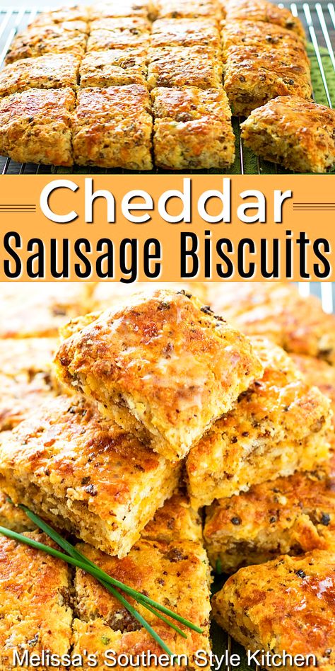 Easy Cheddar Sausage Biscuits #sausagebiscuits #cheddarbiscuits #southernbiscuits #biscuitrecipes #brunch #breakfast #southernfood #southernrecipes #biscuits Sausage Biscuits, Southern Breakfast, Biscuit Rolls, Breakfast Sausage, Savory Breakfast, Fresh Chives, Breakfast Breads, Breakfast Brunch Recipes, Sausage Breakfast