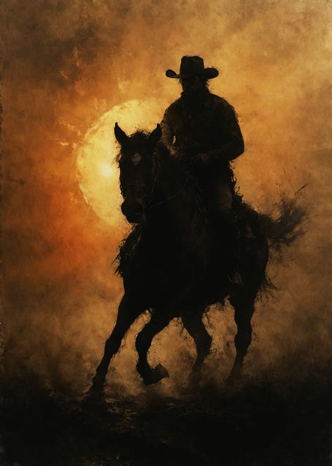 cowboy, horse, rider, sunset, wild west, dark aesthetic, monochrome, epic illustration, grim, silhouette, alone, dramatic, phone wallpaper, dark wallpaper, Dark Wild West Aesthetic, Yellowstone Show Aesthetic, Wild West Oc, Goth Western Aesthetic, Dark Western Aesthetic, Painting For Men, Wild West Aesthetic, Phone Wallpaper Dark, Cowboy Wallpaper