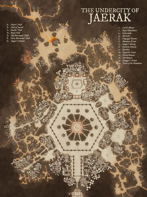 2000 years ago the Jaerak founded this Undercity of the Dwarven kingdom of Domari. it started out as a small settlement but expanded significantly during the Dragon War when it housed dwarven refugees. City Fantasy Map, Dwarven Kingdom, Dwarven City, Fantasy Map Generator, Fantasy City Map, Fantasy Map Making, Dnd World Map, Fantasy Town, Fantasy World Map