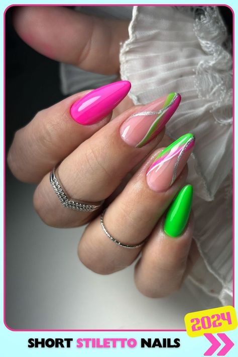 Neon pink and green short stiletto nails with vibrant neon colors. This bold and fun design is perfect for summer or adding a pop of color to your style, with a playful and energetic vibe. Short Stiletto Nails, Stiletto Nails Short, Short Stiletto, Glamorous Style, Stiletto Nails, Neon Colors, Chic Design, Neon Pink, Nails Inspiration