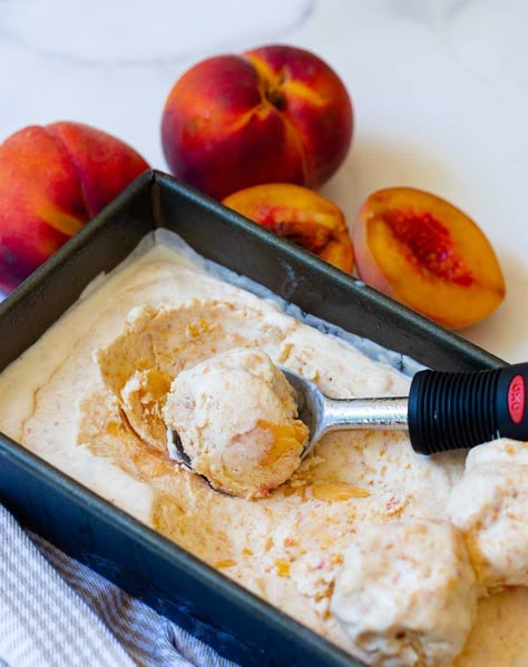 No Churn Peach Ice Cream made with fresh chopped peaches, whipped heavy cream, condensed milk, vanilla and a pinch of salt is delicious! It's sweet, creamy and no ice cream maker is required. Condensed Milk Ice Cream, Peach Ice Cream Recipe, Homemade Peach Ice Cream, A Southern Soul, Soul Recipes, Churn Ice Cream, Peach Ice Cream, Peach Recipes, Homemade Ice Cream Recipes