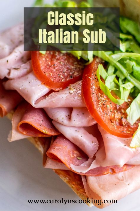 The perfect Classic Italian Sub always hits the spot! #ItalianSub #EasyRecipe #SandwichRecipe #ItalianFood #ItalianRecipe Italian Subs Sandwich Cold, Italian Subs Recipe, Jimmy Johns Italian Sub Recipe, Submarine Sauce Recipe, Cooked Sandwiches, Italian Sandwich Recipe, Chicken Farro, Spaghetti With Tomatoes, Italian Sub Sandwich