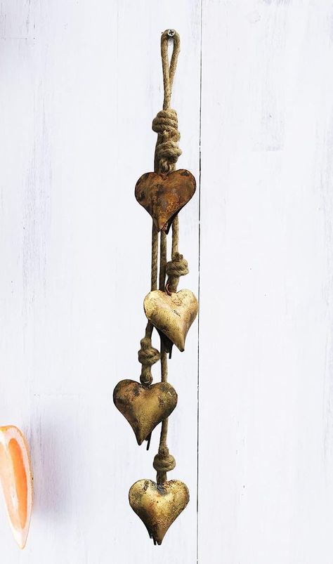 Hanging Hearts Decoration, Sundance Style Jewelry, Love Bells, Heart Wall Decor, Handmade Heart, Metal Heart, Jute Rope, Hanging Hearts, Heart Wall