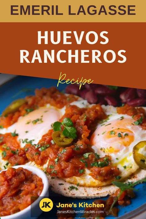 Huevos rancheros with avocado Ranchero Sauce For Eggs, Eggs Rancheros Recipe, Mexican Breakfast Dishes, Ranchero Sauce, Emeril Recipes, Huevos Rancheros Recipe, Vegetarian Substitutes, Rick Bayless, Hispanic Kitchen