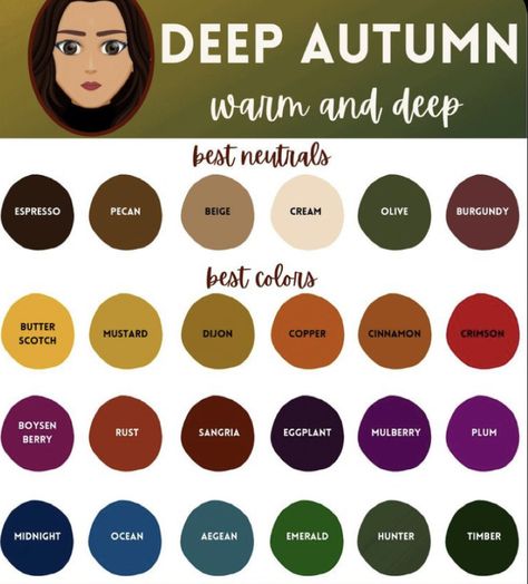 Deep Autumn Makeup, Inspiration Dressing, Deep Autumn Palette, Autumn Color Palette Fashion, Deep Autumn Color Palette, Autumn Skin, Colour Combinations Fashion, Warm Skin Tone, Color Combinations For Clothes