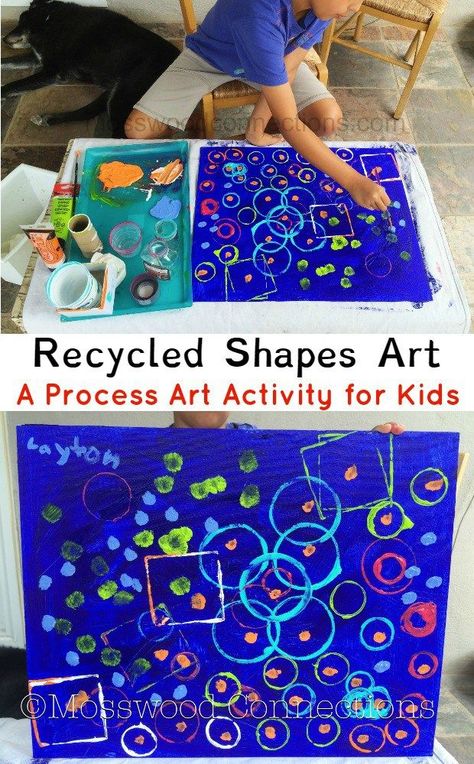 Recycled Shapes Art; A Process Art Activity for Kids; Recycled Shapes Process Art Project Special Needs Painting Ideas, Painting With Recycled Materials, Shape Process Art Preschool, Reggio Process Art, Recycled Art Preschool, Prek Process Art Ideas, Recycle Study For Preschool, Preschool Messy Art, Hand Art Preschool