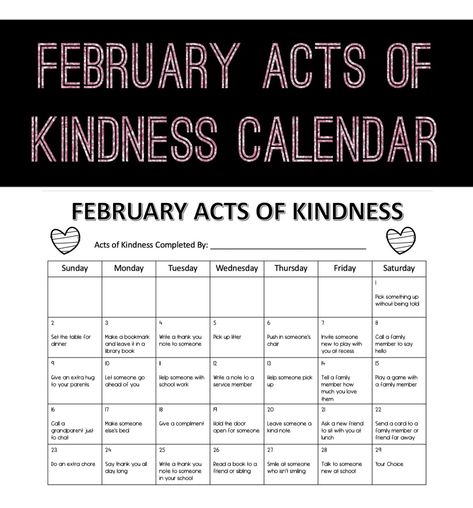 Acts Of Kindness Calendar, Kindness Board, Kindness Calendar, Month Challenge, February Activity, February Calendar, Monthly Challenges, Challenges To Do, Days In February