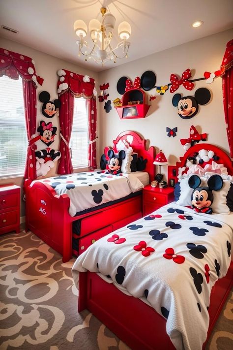 Michey Mouse, Minnie Mouse Bedroom, Disney House Ideas, Mickey Mouse Bedroom, Glitter Flask, Room Color Combination, Disney Bedrooms, Disney Room Decor, Beds For Small Spaces