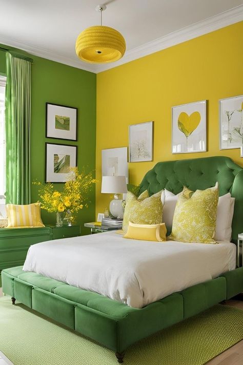 Green And Yellow Bedroom Ideas, Yellow And Green Bedroom, Green And Yellow Bedroom, Bedroom Interior Colour, Yellow Bedroom Ideas, Green Bedroom Ideas, Green Bedroom Design, Yellow Bedroom Decor, Room Color Combination