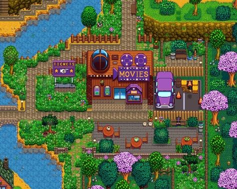 Movie Theater Stardew, Stardew Movie Theater, Stardew Valley Movie Theater, Stardew Bus Stop Design, Theatre Decor, Stardew Ideas, Stardew Farm, Theatre Decorations, Stardew Farms