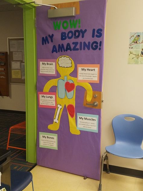 My Body Elementary Nurse Office, School Nurse Office Door, Nurse Door Decorations, School Nurse Decorations, School Nurse Elementary, School Nurse Door, Physical Education Bulletin Boards, Nurse Bulletin Board, School Nurse Office Decorations