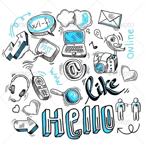 Doodle social media sign for blogging networking and marketing communications isolated vector illustration. Editable EPS and Rende How Internet Works, Social Media Signs, Doodle Art Drawing, Doodle Icon, Social Selling, School Notebooks, Lettering Tutorial, Art Style Inspiration, Bullet Journal Ideas Pages