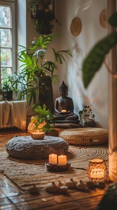 Living Room Spiritual, Indoor Meditation Space, Cozy Meditation Space, Meditation Room Ideas Home, Meditation Area Ideas, Zen Home Decor Ideas, Zen Massage Room, Yoga Studio Design Ideas Inspiration, Yoga Room Design At Home