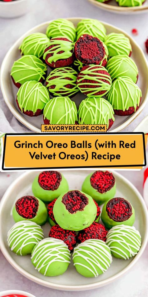 Looking for a festive treat that will wow your holiday guests? These Grinch Oreo Balls with Red Velvet Oreos are the perfect blend of fun and flavor! Indulge in this delightful Christmas dessert that adds a pop of color to your festivities. Save this recipe for your holiday baking list! Red Velvet Oreos, Oreo Balls Christmas, Red Velvet Oreo, Holiday Baking List, Baking List, Savory Recipe, Oreo Balls, Baking Inspiration, Oreo Recipes