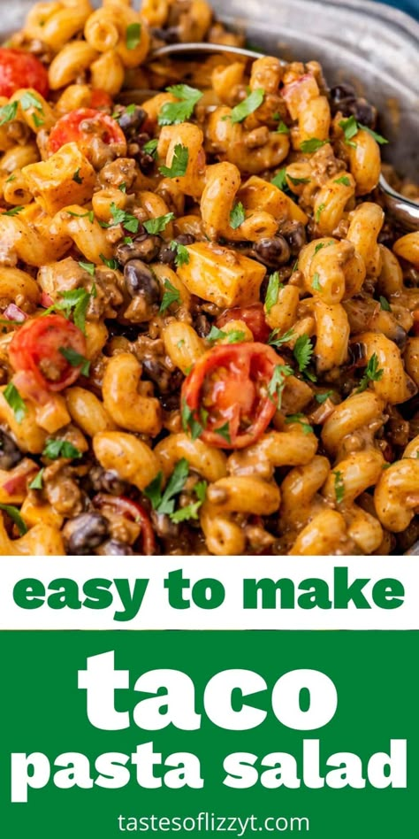 This taco pasta salad features a classic taco flavor combined with pasta, taco beef, beans, tomatoes and more. It can be served as a picnic side or a main dish. Easy Vegetarian Potluck Recipes, Taco Pasta Salad Recipes, Cold Taco Pasta Salad, Pasta Taco Salad, Picnic Sides, Pasta Taco, Tacos Salad, Picnic Salads, Taco Beef