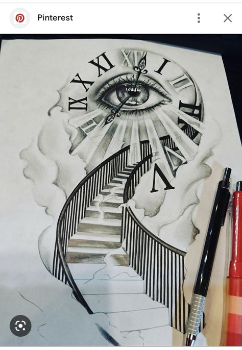 Clock And Stairs Tattoo Design, Clock With Eye Tattoo Design, Cloud Pencil Drawing, Stairs Tattoo Design, Eye Clock Tattoo, Stairs Tattoo, Heaven Tattoos, Clock Tattoo Design, Forarm Tattoos