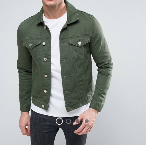 Olive Green Jacket Outfits, Olive Green Denim Jacket, Jean Jacket Outfits Men, Olive Denim Jacket, Denim Jacket Men Outfit, Green Jacket Outfit, Coloured Denim Jacket, Green Pants Men, Green Denim Jacket