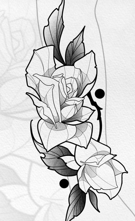 Neotrad Rose Tattoo Design, Art Deco Rose Tattoo, Nature Linework Tattoo, Neo Traditional Art Black And Grey, Crown Of Flowers Drawing, Fineline Flowers Tattoo, Flash Tattoo Designs Neo Traditional, Neo Trad Leaves, Black And Grey Neo Traditional Tattoo