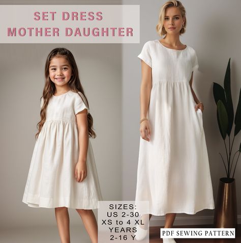 Digital sewing pattern for short sleeve linen maxi dress. FOR MOTHER ✔️ US Sizes: 2, 4, 6, 8, 10, 12, 14, 16, 18, 20, 22, 24, 26, 28, 30 ✔️ Standard sizes: XS, S, M, L, XL, 2XL, 3XL, 4XL/5XL ✔️These templates are suitable for A4, A0 and US Letter size paper. FOR  DAUGHTER ✔️ Sizes: 2Y, 3Y, 4Y, 6Y, 7Y, 8Y, 10Y, 12Y, 14Y, 16Y ✔️These templates are suitable for A4, A0 and US Letter size paper. When you purchase this pattern, you will receive a digital (pdf) sewing pattern and instructions. Once you Mother Daughter Sewing Patterns, Mother Daughter Dress Patterns, Womens Dress Patterns Sewing, Mommy And Me Sewing Patterns, Toddler Dress Pattern, Kids Dress Wear, Linen Short, Linen Maxi Dress, Dress Sewing Pattern