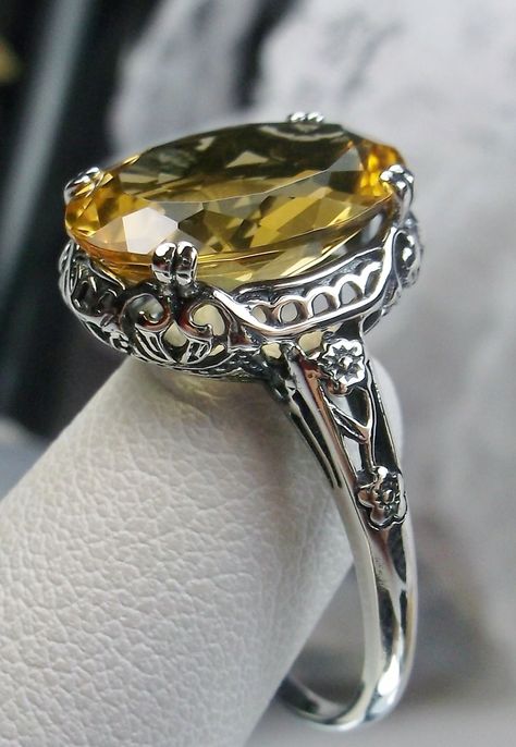 Natural Oval Yellow Citrine 3.8ct Gemstone Solid Sterling Silver Floral/Deco/Edwardian Ring Size (Design #70) Made To Order by SilverEmbraceJewelry on Etsy Yellow Citrine Ring, Edwardian Ring, Yellow Citrine, Citrine Ring, Sterling Silver Filigree, Natural Citrine, Citrine Gemstone, Filigree Ring, Silver Filigree