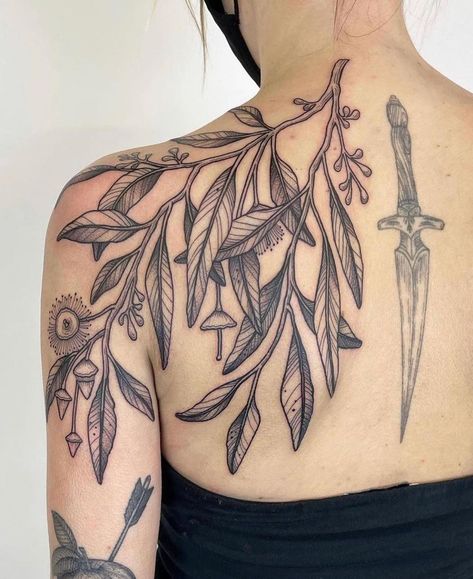 Shoulder Back Tattoo, Tattoo Leaves, Nyc Tattoo, Branch Tattoo, Forest Tattoos, Chest Tattoo, Dreamcatcher Tattoo, Back Tattoo, In Bloom