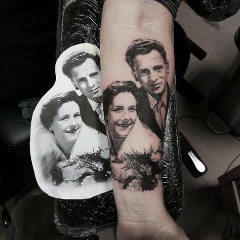 Grandparents Tattoo, Portrait Tattoo Sleeve, Thigh Tattoo Men, Revival Tattoo, Dog Portrait Tattoo, Wife Tattoo, Tattoo Forearm, Cool Chest Tattoos, Chest Tattoos