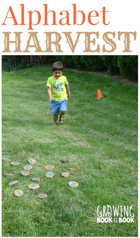 A fun gross motor alphabet activity with a harvest theme twist from growingbookbybook.com #playfulpreschool Harvest Preschool, Preschool Harvest, Fall Prek, Fall Alphabet, Autumn Preschool Theme, Eyfs Maths, Harvest Theme, Alphabet Game, Alphabet Activity