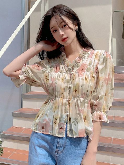 DAZY Floral Print Frill Trim Flounce Sleeve Peplum Blouse Colourful Blouse, Formal Tops For Women, Printed Blouses, Traditional Blouse Designs, Colorful Blouses, Myanmar Dress Design, Chic Tops, Fashion Top Outfits, Trendy Dress Outfits