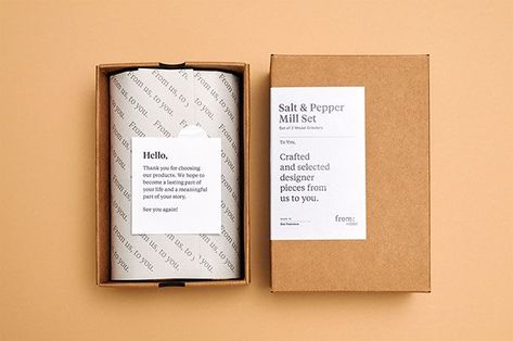 Minimal yet classy packaging design. Kraft paper and tissue paper produce a tangible texture when opening the product for an immersive user experience. Simple labels add to this, with emphasis on "hello" as a friendly and inviting first impression of the package. Packaging Ideas Business, 카드 디자인, Candle Packaging, Box Packaging Design, Packaging Labels Design, Paper Packaging, Creative Packaging Design, Creative Packaging, Creativity And Innovation