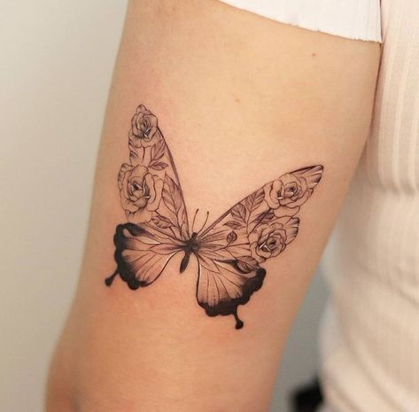 Butterfly With Flowers In Wings Tattoo, Small Front Shoulder Tattoo, Butterfly And Rose Tattoo For Women, Butterfly And Daisy Tattoo, Butterfly Shoulder Tattoos For Women, Daisy And Butterfly Tattoo, Butterfly And Rose Tattoo, Tricep Tattoos, Butterfly Tattoos Images