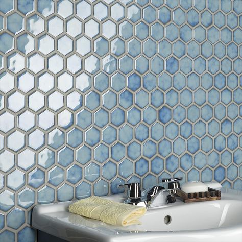 + 11.25 in. width x 12.5 in. length x 0.19 in. thick mesh-mounted mosaic + Glazed, smooth finish with a high sheen and slight variation in tone Fireplace Facade, Merola Tile, Tile Saw, Porcelain Mosaic Tile, Hexagonal Mosaic, Porcelain Floor, Mosaic Flooring, House Tiles, Porcelain Flooring