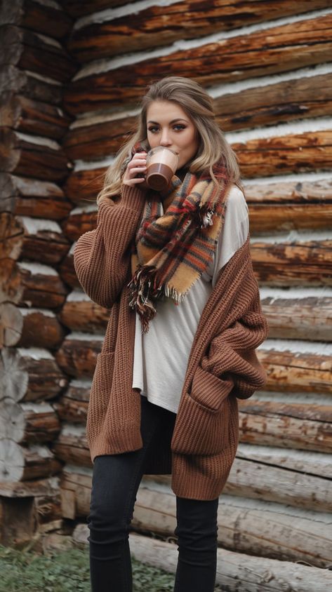 This outfit whispers 'chic' loud and clear, even on a laid-back winter getaway. The earthy hues of the oversized cardigan is a shout-out to the love for nature while the loose white tee sings a song of effortless style. Teamed with the dark denim and tan ankle boots, it's a look you can't ignore! And did we mention the 'plaid'ly stylish scarf that's just perfect for winter chills? All in all, it's warmth, style, and cocoa-licious comfort in every detail!☕🧣 Rustic Winter Outfits, Earthy Hues, Loud And Clear, Tan Ankle Boots, Stylish Scarves, Winter Getaway, Oversized Cardigan, Winter Theme, White Tee