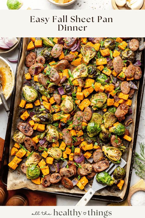 This Easy Fall Sheet Pan Dinner is so good that you’ll want to make it all year long! Seasonal veggies are paired with chicken apple sausage, tossed with a sweet and tangy marinade, and then roasted until tender. It's such an easy dinner option and the leftovers are perfect for lunch the next day! Fall One Sheet Dinner, Apple Sausage Sheet Pan Dinner, Chicken Sausage Pan Sheet, Chicken Sausage With Veggies, Apple Chicken Sausage Sheet Pan, Brat Sheet Pan Dinner, One Sheet Sausage And Veggies, Sheet Tray Dinners, Chicken Apple Sausage Sheet Pan Dinner