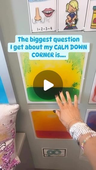 Fallon | School Counselor | LMHC Grad Student | EF Coach on Instagram: "🌟 The biggest question I get about my CALM DOWN CORNER is…   ⁉️How do you get the sensory tiles to stick on the wall? ⁉️  🤯The answer… a hot glue gun! A few dots of hot glue on the back of each tile did the trick!   💪Kids have pushed, punched, pressed, kicked them, and they haven’t budged.   🧘‍♀️Sensory tiles offer children the chance to engage in heavy work, allowing them to fulfill their body’s need for sensory input to release frustration or pent-up energy, while also adding beautiful color to your space!   🤑I just saw there is a Prime Day sale (7/16)! Comment “tiles” for my affiliate link!💰  #sensory #sensoryplayideas #calm #calmcorner #calmdown #copingskills #sensoryinput #schoolcounselor #schoolcounselorsof Calm Down Corner Counseling Office, Diy Liquid Sensory Tiles, Calming Area In Classroom, Calm Down Activities For Kids, Calming Corner Classroom Preschool, Sensory Bulletin Board Ideas, Reading Corner Preschool, Cool Down Corner Classroom, Nurture Room Ideas