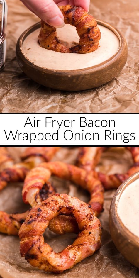 Top picture shows a bacon wrapped onion ring being dipped in ranch dressing and the bottom picture shows cooked onion rings on parchment paper with dip. Air Fryer Bacon Wrapped Onion Rings, Twisted Bacon Air Fryer, Onion Rings Recipe Air Fryer, Keto Onion Rings Air Fryer, Air Fried Onion Rings, Bacon Air Fryer, Bacon Onion Rings, Bacon Wrapped Onion Rings, Bacon Wrapped Onion