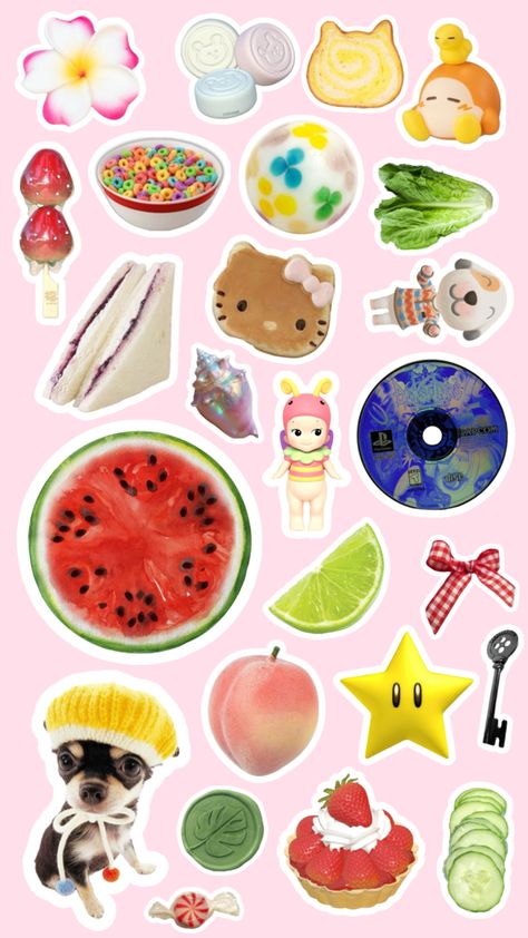 Sticker sheet!! 🍈🍰 Tee Design Print, Kidcore Wallpaper, Printable Sticker Sheets, Online Scrapbook, Scrapbook Printing, Iphone Case Stickers, Scrapbook Stickers Printable, Craft Stickers, Fun Stickers