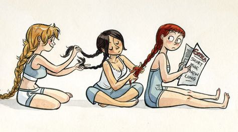 Braiding Pose Reference, Braiding Hair Reference Pose, Braiding Hair Reference, Braiding Hair Drawing, Braid Illustration, Braids Cartoon, Vera Brosgol, Hair References Drawing, Hair Illustration