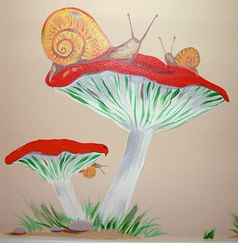 Art Inspo Mural, Mushroom Mural Paintings, Mushroom Mural Wall, Mushroom Wall Painting, Cottage Core Mural, Snail Painting Acrylic, Cottagecore Mural, Whimsical Mural, Fall Mural