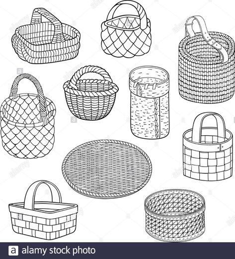 Cartoon Line Art, Basket Drawing, Ornament Drawing, Texture Drawing, Line Art Vector, Traditional Market, Basket Design, Hand Embroidery Art, Wicker Basket