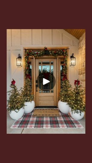 658K views · 67K reactions | Christmas front porch!🎄🎄 Comment PORCH and I’ll send you links to all of the decor I used!🎄 I went a little more festive with the porch this year! The plaid rug is one of my favorites to use for Christmas time! The plaid rug also helped me tie in other pops of red! I added red bows on the trees and wreath and then red ornaments in the garland!🎄 I also thought the round pots were so cute for my Christmas trees!! Oh and I used a door garland hanger this year and it made decorating so much easier! lol Usually I use command strips and they are just a little more of a challenge to use lol especially when they won’t stick good..😂 
#forthehome #christmasdecor #christmashome #christmashomedecor #cozychristmas #christmasdecoration 
#christmasdecorating #christmasde Garland Hanger, Door Garland, Christmas Door Decoration, Plaid Rug, Christmas Front Porch, Christmas Centerpiece, Red Ornaments, Instagram Christmas, Christmas Porch