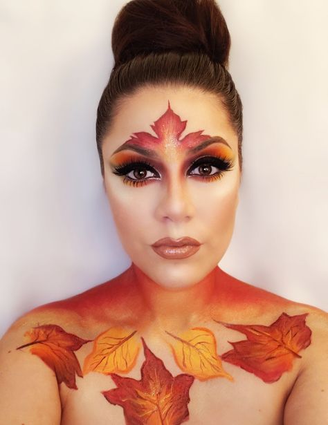 Thanksgiving Makeup Creative, Fall Theme Makeup Looks, Make Up Fantasi Flora, Makeup Teaching, Fall Leaves Makeup, Autumn Makeup Art, Autumn Face Paint, Autumn Face Painting, Fall Leaves Makeup Looks