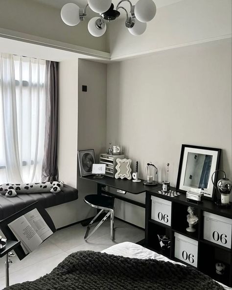 Room Layout Bedroom With Desk, Black And White Room, Random Vibes, Small Room Makeover, Bedroom Redesign, Room Hacks, Room Redesign, Pinterest Room Decor, Study Room Decor