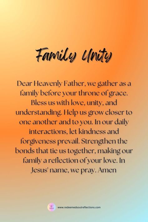 Dear Lord, bless our family with love, understanding, and unity. May our bonds grow stronger each day as we support and cherish one another. Guide us, O Lord, in our journey together. 🏡💕 #familyunity #prayer #love #togetherness #faith Family Prayers For Unity, Prayer For Family Unity, Morning Prayer For Family, Unity Prayer, Hunter's Prayer, Unity Quotes, Family Prayers, Prayer For My Marriage, Our Journey Together