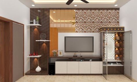 most demanding trendy tv wall units design 2022 || #modernceiling ideas Tv Unit 65 Inch Tv, Tv Unit Decor With Pooja Room, Tv Unit Plus Mandir Design, Tv Unit With Pooja Unit Design, Tv Unit Design Modern With Mandir, Tv Unit With Temple Design, Tv Wall Design With Mandir, Tv Unit Attached Mandir, Tv Unit With Puja Unit