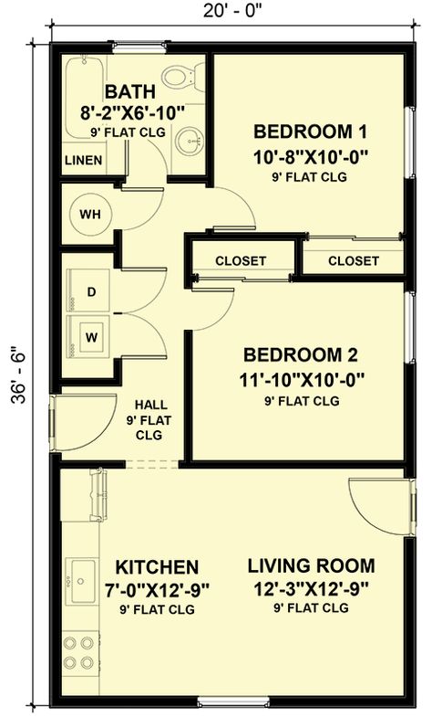 The rectangular footprint (20' by 36'6") of this 2-bedroom tiny home plan delivers 730 square feet of living space. This design is exclusive to Architectural Designs. A simple gabled roof mirrors the easy lifestyle afforded by this minimalistic design. The kitchen and living room are open to one another and allow a dining table to double as a workspace for the kitchen. The hallway leads to the bedrooms and a full bathroom with a linen closet. French doors in the hallway open to a laundry closet Closet French Doors, Two Bedroom Tiny House, 2 Bedroom Floor Plans, Gabled Roof, Small Cottage Homes, Apartment Floor Plan, Small House Floor Plans, Tiny House Floor Plans, Floor Plan Layout